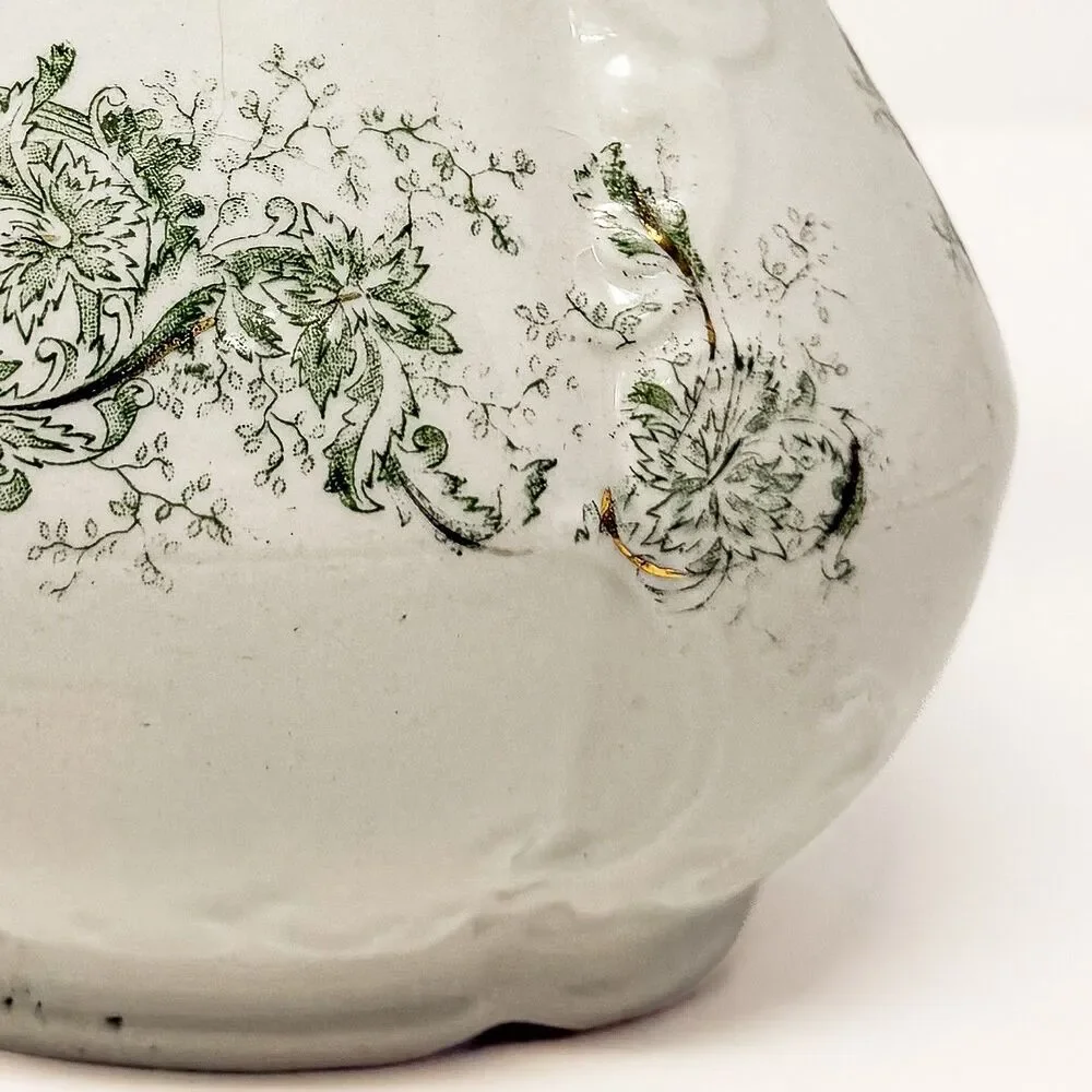 Antique Wick China Co Aurora Ironstone Pitcher Green Transferware Floral Gilt